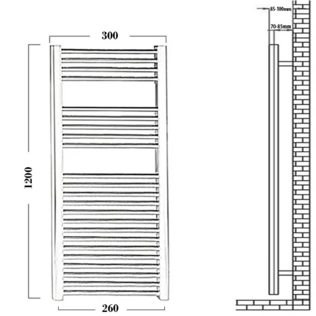Reina Diva 300 X 1200 Towel Radiator Chrome Flat technical drawing - Image 4
