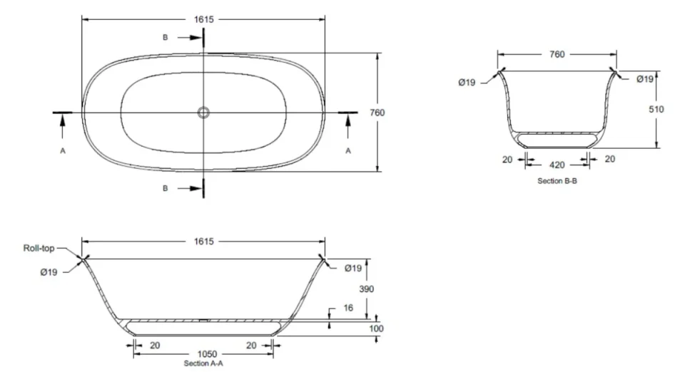 Bc Designs Omnia Bath 1615 X 760 (no Waste) Matt White detail view - Image 3
