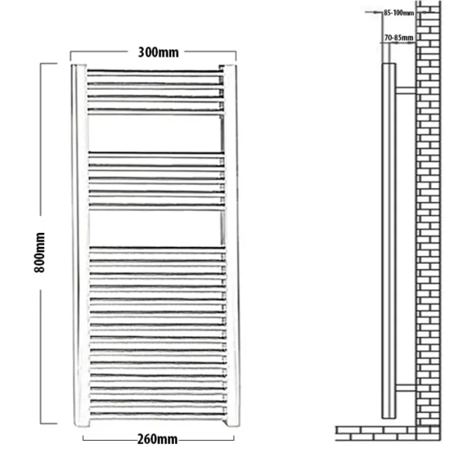 Reina Diva 300 X 800 Towel Radiator Chrome Flat technical drawing - Image 4