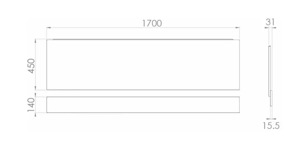 Saneux 1700x450mm Bath Panel & Plinth Matte White technical drawing - Image 2