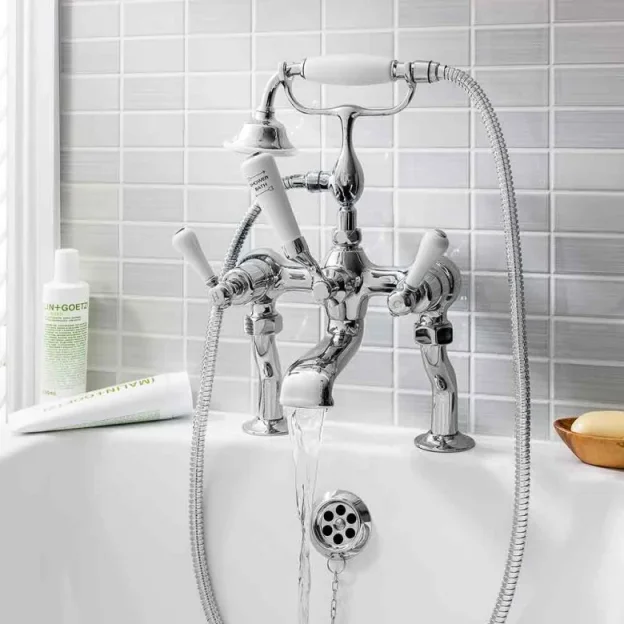 Crosswater Belgravia Lever Bath Shower Mixer Deck Mounted Chrome White Lever detail view - Image 3
