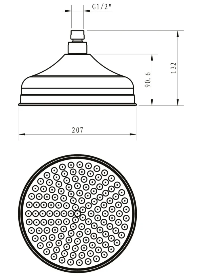 Crosswater Traditional Shower Head 200mm Chrome technical drawing - Image 2