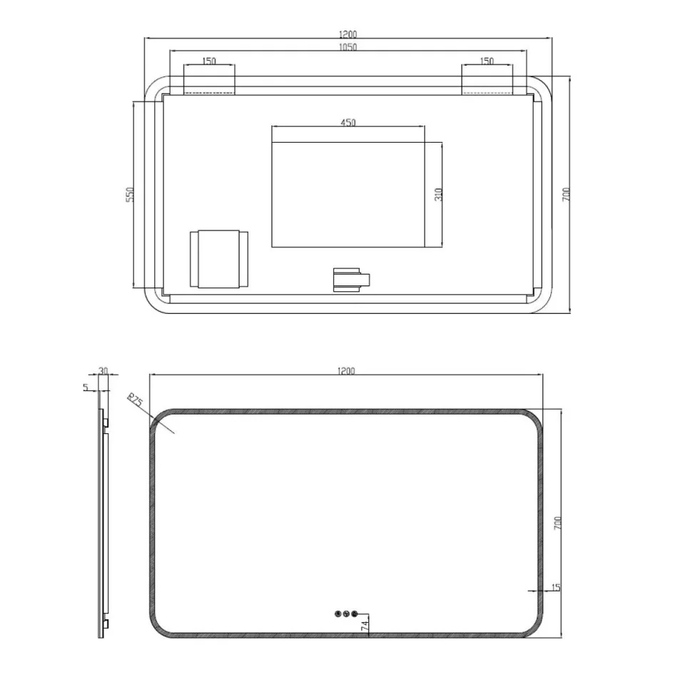 Crosswater Svelte Illuminated Mirror 1200x700 technical drawing - Image 2