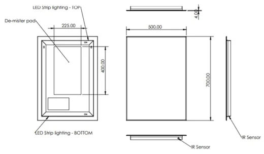 Hib Aura 50 Mirror H70 X W50 X D4cm technical drawing - Image 2