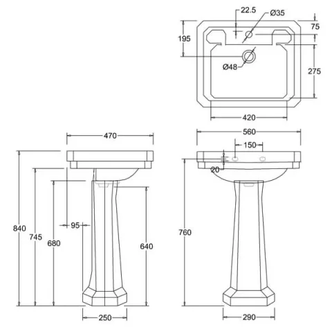 Burlington Victorian Basin 56cm 2th technical drawing - Image 2