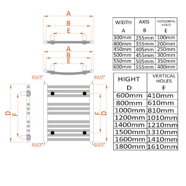 Reina Diva 300 X 600 Towel Radiator Chrome Flat technical drawing - Image 3