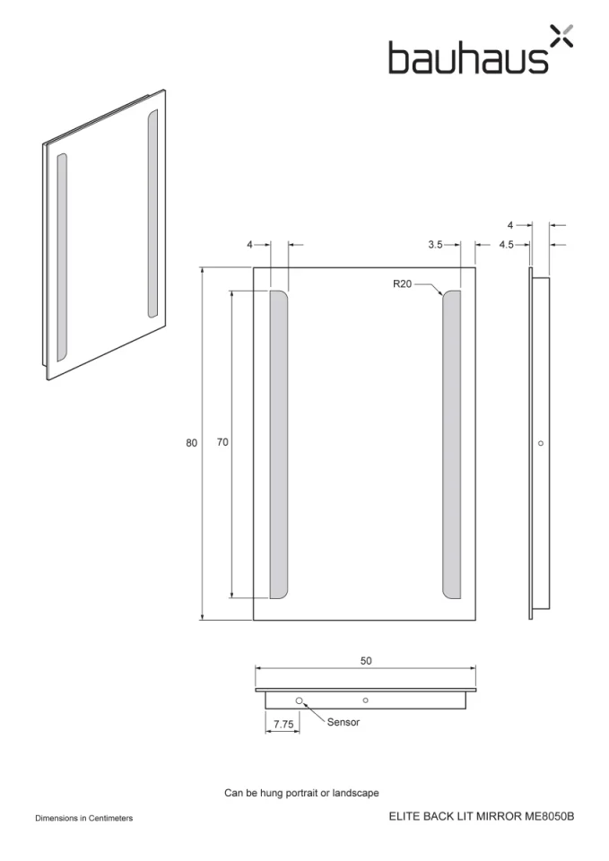 Crosswater Elite 800 x 500 Led Illuminated LED Mirror technical drawing - Image 4