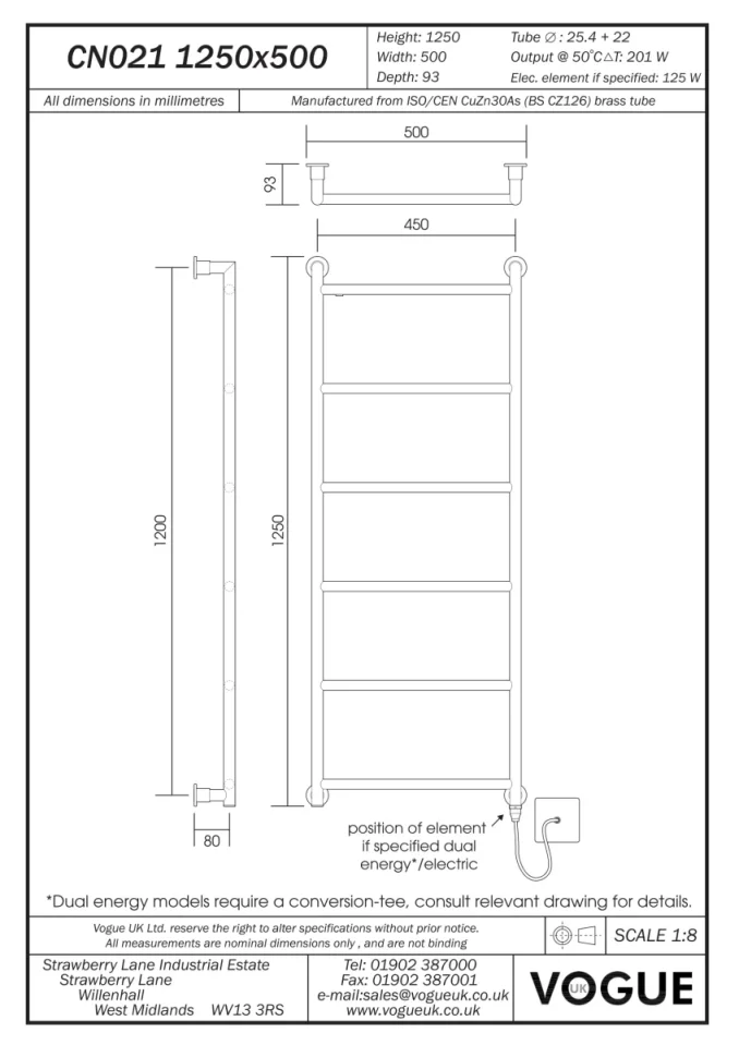 Vogue Vivid Towel Radiator Heating Only - Chrome 1250X500 technical drawing - Image 2