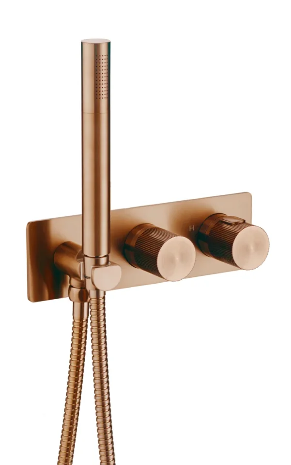 Just Taps Evo 2 Outlet 2 Handle Thermostatic Concealed Shower Valve With Pencil Handset Attached Brushed Bronze product image - Image 1