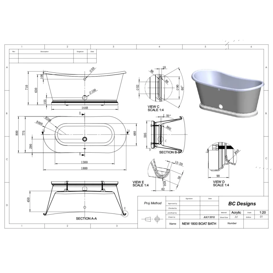 Bc Designs 1800mm Acrylic Boat Bath White detail view - Image 4