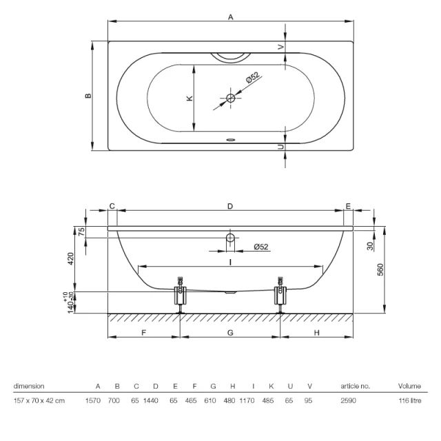 Bette Starlet 1570 700mm White technical drawing - Image 2