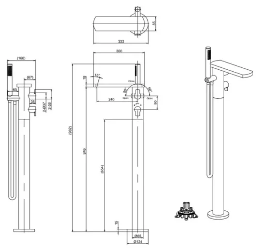 Crosswater Wisp Thermo Bath Shower Mixer Floor Standing With Kit Chrome technical drawing - Image 3