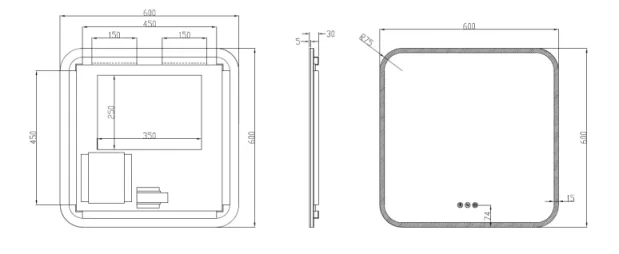 Crosswater Svelte Illuminated Mirror 600x600 technical drawing - Image 2