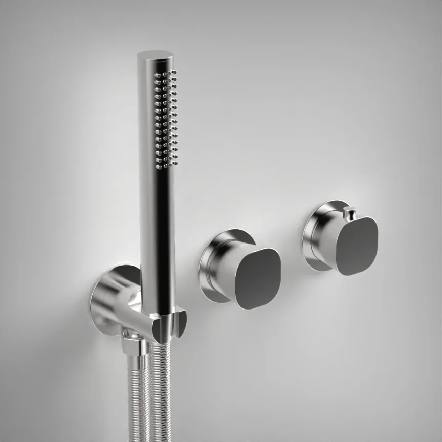 Ava Purity 2 Way 2 Handle Thermostatic Valve With Built In Hand Shower W/3 Hole Flanges - Polished Stainless Steel product image - Image 1