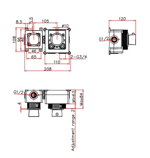 Ava Purity 2 Way 2 Handle Thermostatic Valve W/flanges - Brushed Black technical drawing - Image 2