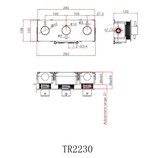 Ava Trend 2 Way 3 Handle Thermostatic Valve W/ Backplate - Brushed Brass technical drawing - Image 3