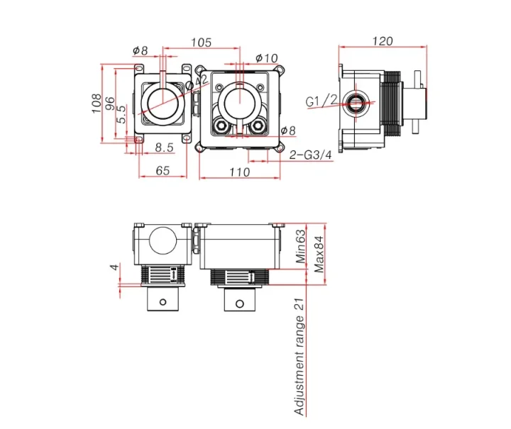 Ava Trend 1 Way 2 Handle Thermostatic Valve W/ Flanges - Brushed Stainless Steel technical drawing - Image 3