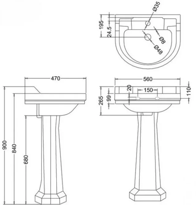 Burlington Edwardian Round Basin 56cm 2th technical drawing - Image 2
