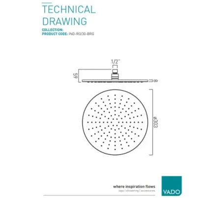 Vado Individual Single Function Easy Clean Round Shower Head 300mm Brushed Nickel technical drawing - Image 2