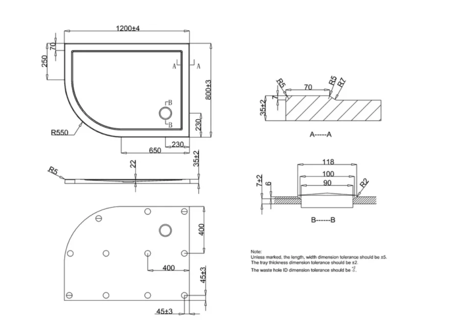 Crosswater Offset Quadrant Left Hand 35mm Acrylic Shower Tray 800 x 1200mm technical drawing - Image 3