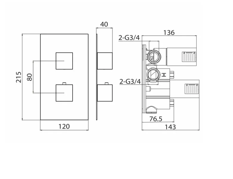 Saneux Tooga 2 Way Thermostatic Shower Valve Kit - Chrome technical drawing - Image 2