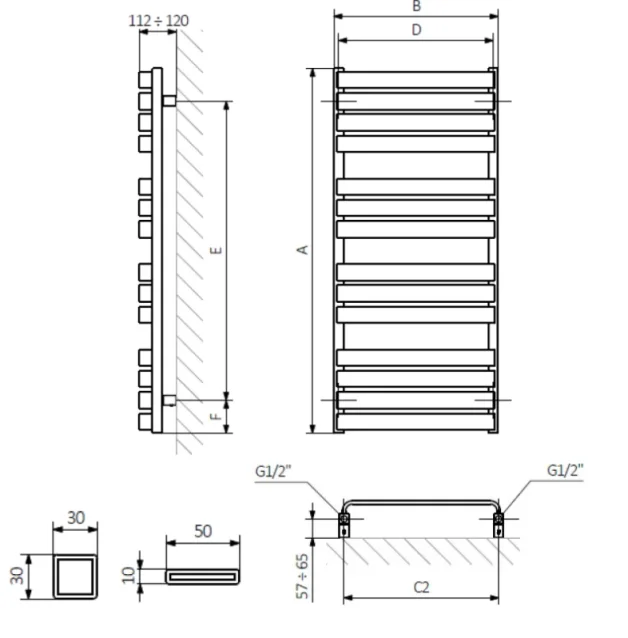 Crosswater Celeste Towel Warmer 1110x500 Metallic Black technical drawing - Image 3