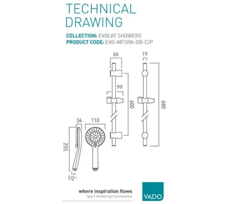 Vado Evolve Slide Rail Shower Kit With Round 4 Function Rub-clean Shower Handset With Pause Function, 680mm Slide Rail And 150cm Shower Hose Chrome technical drawing - Image 2