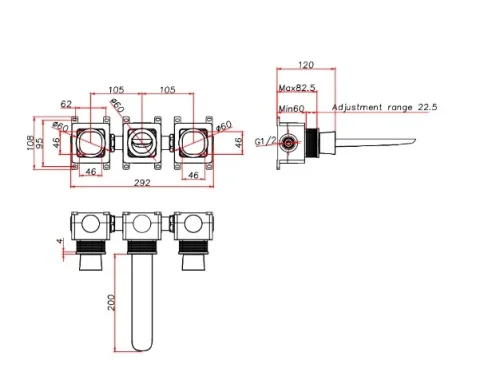Ava Purity 3 Hole Wall Mounted Bath Mixer - Brushed Brass technical drawing - Image 2