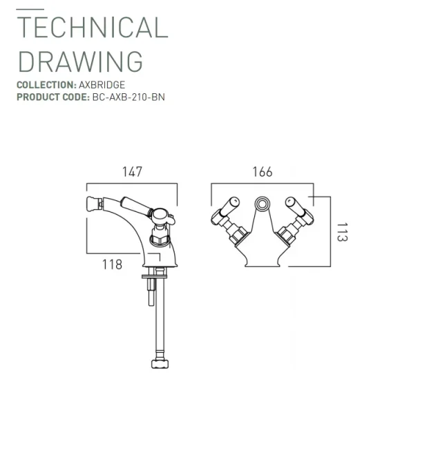 Booth & Co. Mono Bidet Mixer With Pop-up Waste Bright Nickel & Crackled White technical drawing - Image 2
