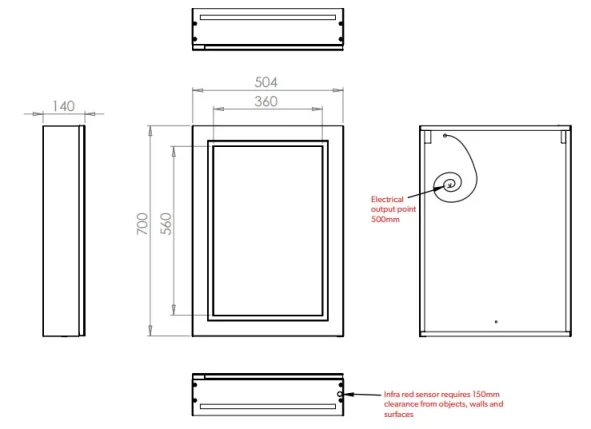 Hib Edge 50 Steam Free Cabinet W50 X H70 X D14cm technical drawing - Image 2