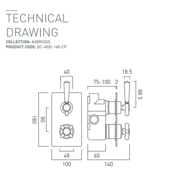 Booth & Co. 1 Outlet, 2 Handle Concealed Thermostatic Valve Chrome & White technical drawing - Image 2