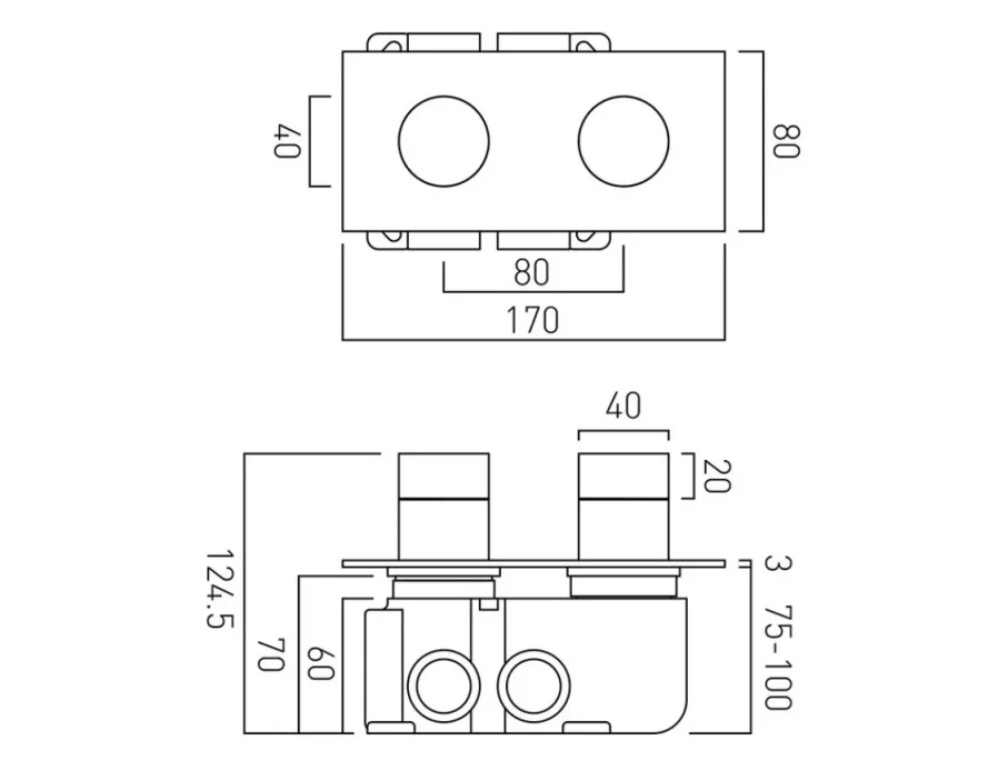 Vado Tablet Omika 2 Outlet 2 Handle Concealed Thermostatic Valve Horizontal Chrome technical drawing - Image 2