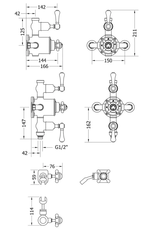 Crosswater Belgravia Traditional Thermostatic Shower Set with Shower Head, Rigid Riser, 8" Fixed Head and Shower Rail Kit Chrome technical drawing - Image 3