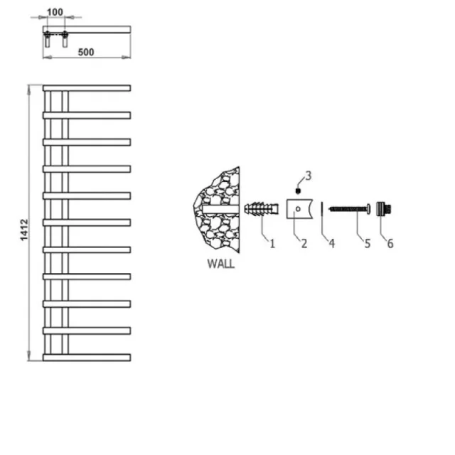 Reina Matera Designer Radiator - 1412 X 500 Chrome technical drawing - Image 3