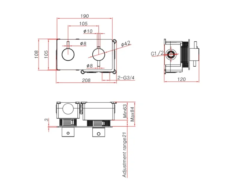 Ava Trend 1 Way 2 Handle Thermostatic Valve W/ Backplate - Brushed Brass technical drawing - Image 3