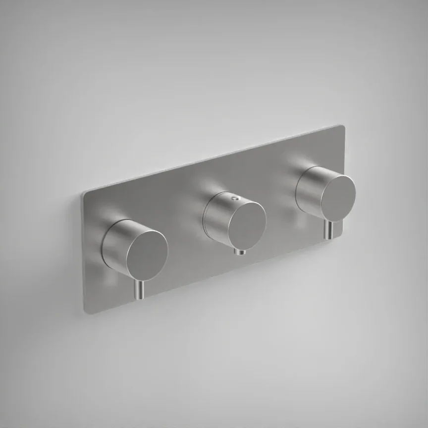 Ava Trend 2 Way 3 Handle Thermostatic Valve W/ Backplate - Brushed Stainless Steel product image - Image 1