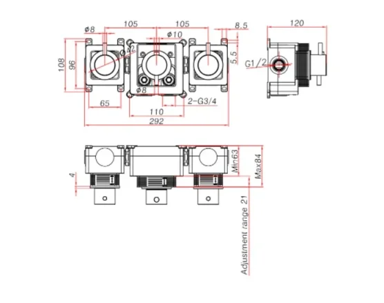 Ava Trend 2 Way 3 Handle Thermostatic Valve W/ Flanges - Brushed Black technical drawing - Image 2