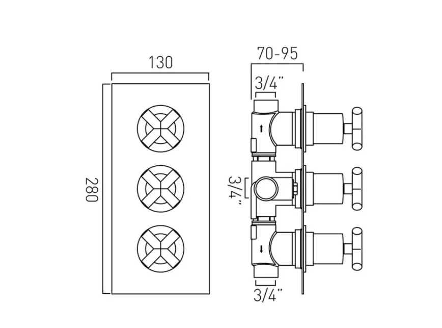 Vado Dx Elements 2 Outlet 3 Handle Concealed Thermostatic Valve Rectaungular Packplate Chrome technical drawing - Image 2