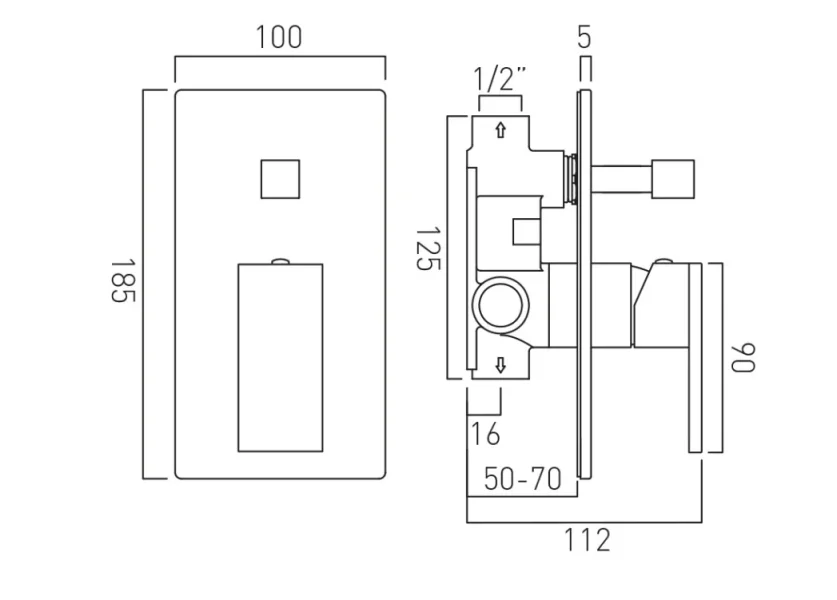 Vado Individual Notion 2 Outlet Concealed Single Lever Manual Valve With Diverter Brushed Gold technical drawing - Image 2