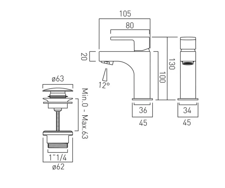 Vado Life Mini Mono Basin Mixer Single Lever Deck Mounted Smooth Bodied With Universal Waste Chrome technical drawing - Image 2