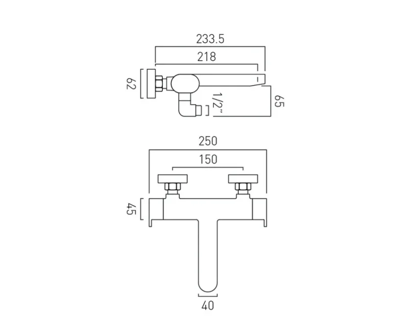 Vado Life Thermostatic Bath Wall Mounted Bath Shower Mixer Chrome technical drawing - Image 2