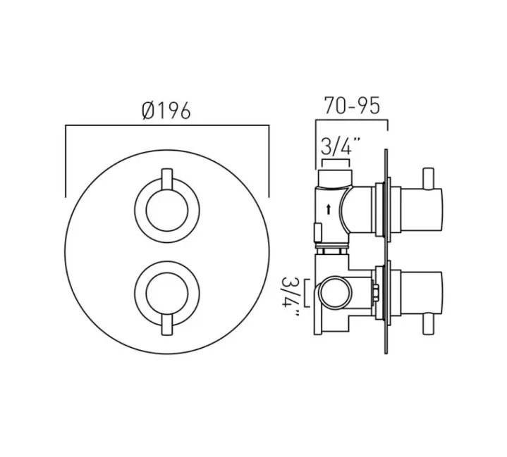 Vado Dx Celsius 1 Outlet 2 Handle Concealed Thermostatic Valve Round Backplate Chrome technical drawing - Image 2