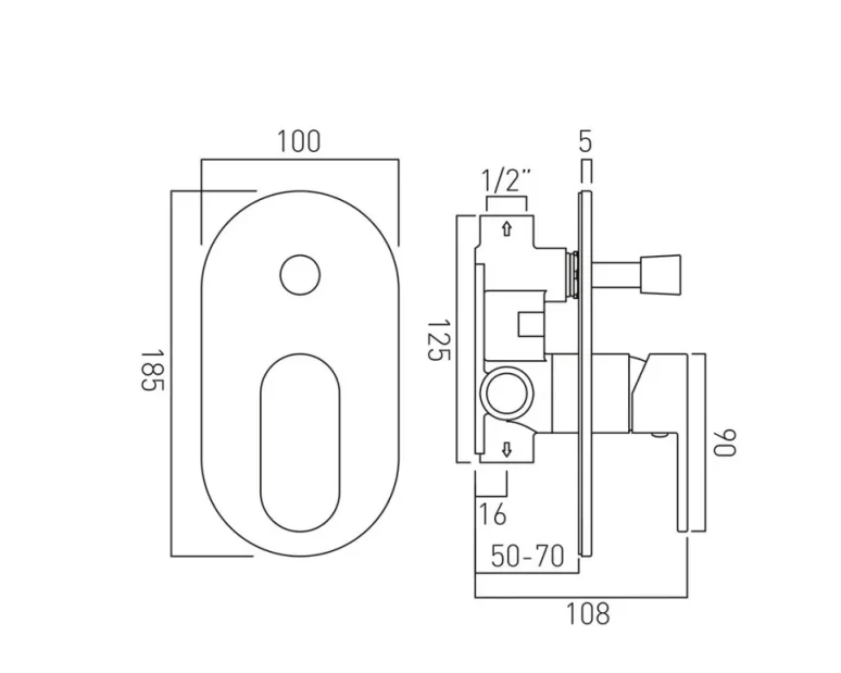 Vado Life 2 Outlet Single Lever Concealed Manual Valve With Diverter Chrome technical drawing - Image 2