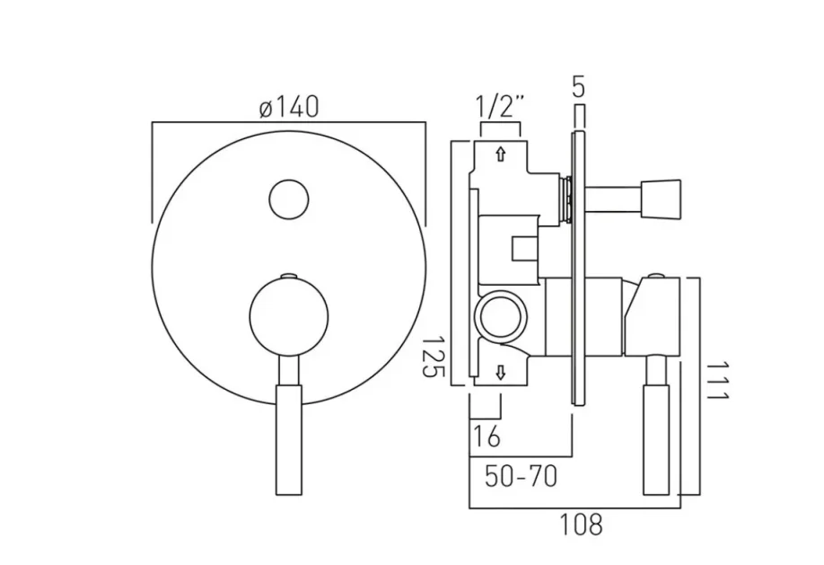 Vado Individual Origins 2 Outlet Concealed Single Lever Manual Valve With Diverter Brushed Black technical drawing - Image 2