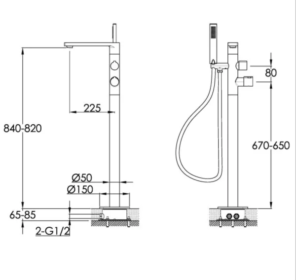 Just Taps Hugo Thermostatic Floor Mounted Bath Shower Mixer With Kit Chrome