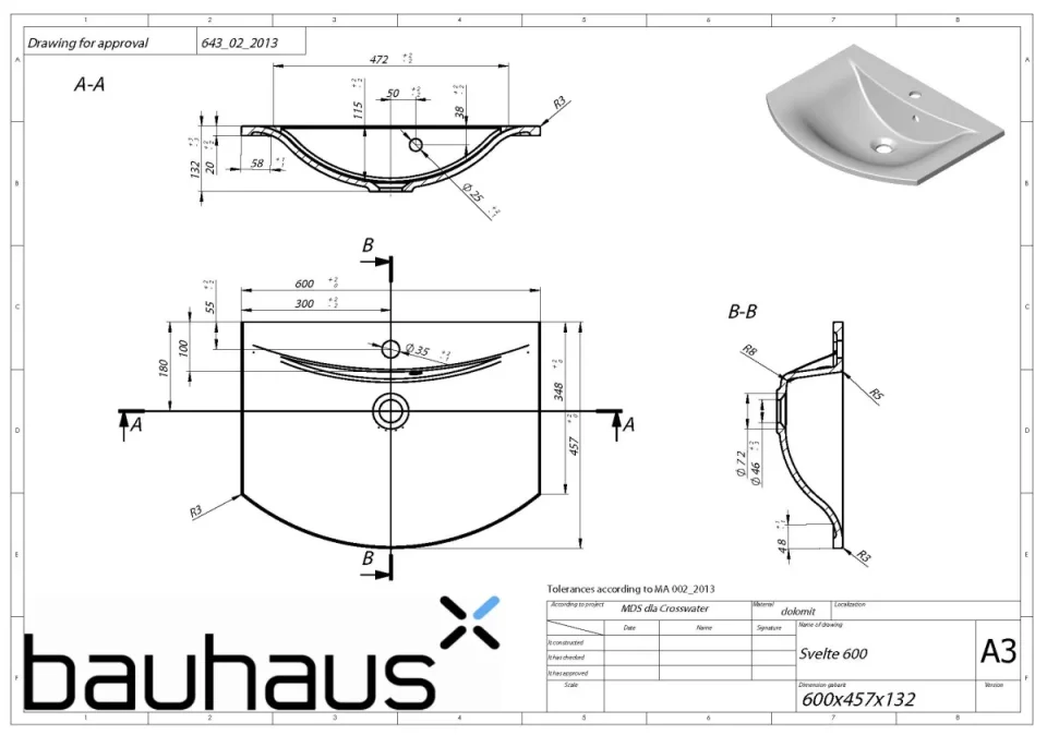 Crosswater Svelte Basin Unit 600 Grey Ash Veneer technical drawing - Image 2