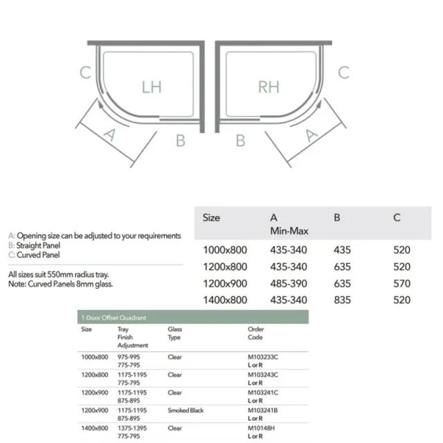Merlyn 10 Series 1 Door Offset Quadrant Righthand 1200 X 900mm technical drawing - Image 3