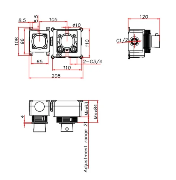Ava Purity 1 Way 2 Handle Thermostatic Valve W/ Flanges - Brushed Black technical drawing - Image 2