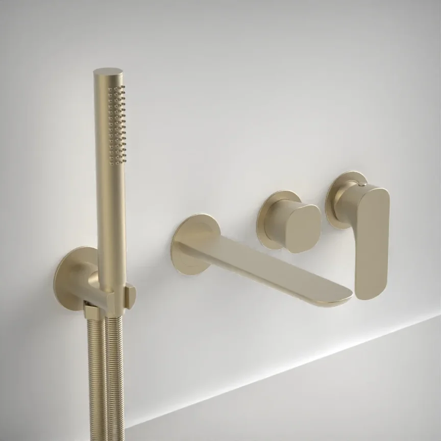 Ava Purity Thermostatic 4 Hole Wall Mounted Bath Shower Mixer - Brushed Brass product image - Image 1