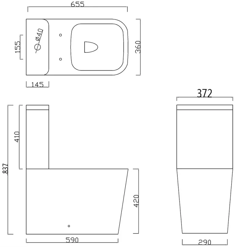 Faeber Venice Close Coupled Rimless Toilet Pan - Gloss White technical drawing - Image 2